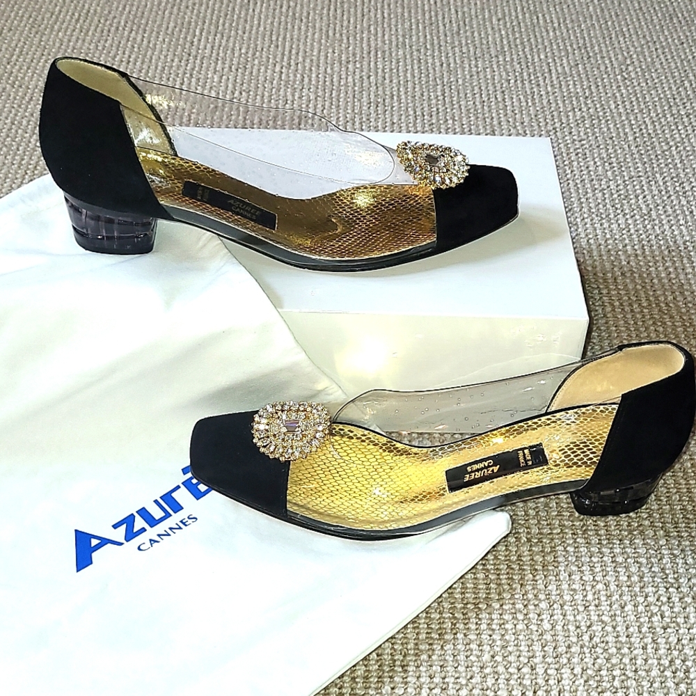 Azuree Cannes black suede rhinestone embellished pumps, Sz 9, EUC